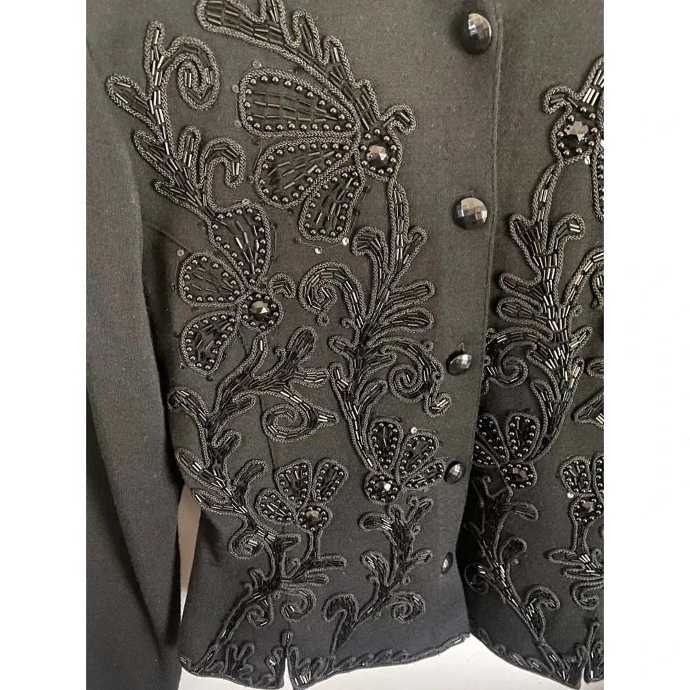Adrienne Vittadini Vintage Black Beaded Wool Blend Floral Butterfly Jacket Sz 14